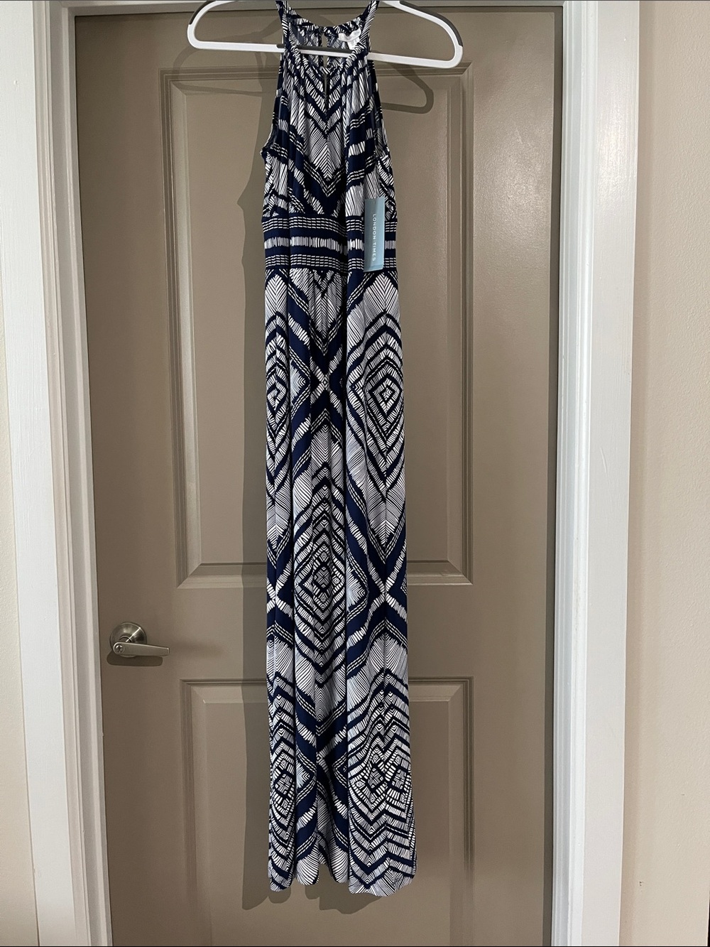NWT London Times Navy and White Geometric Maxi Dress